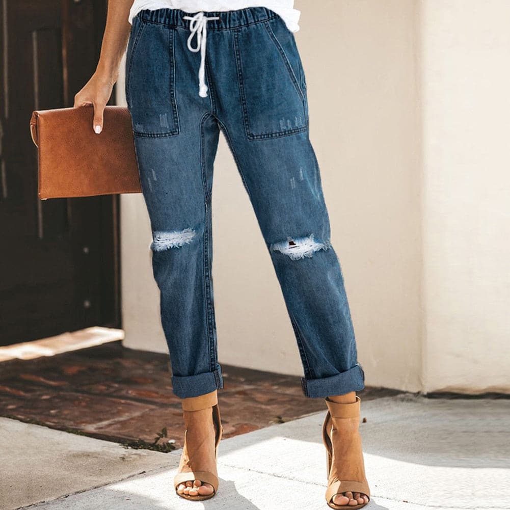 Women's Jogger Jeans - Elastic Waist with Drawstring - Relaxed Fit - Raw Details & Turn-Up