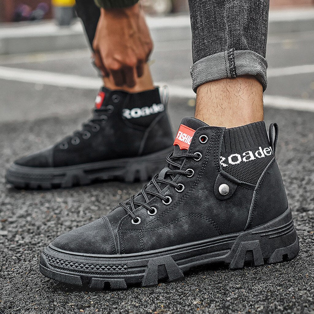 Men's High Sneakers - Durable Sole - Lace-Up Closure - Ribbed Ankle Cuff - Casual Look