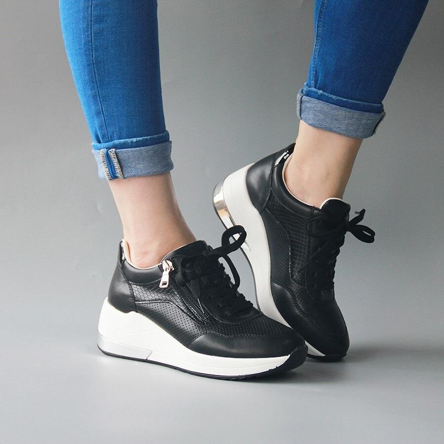 Women's Sneakers - Wedge Heel - Laces & Zipper - Comfortable Sole - Trendy & Casual