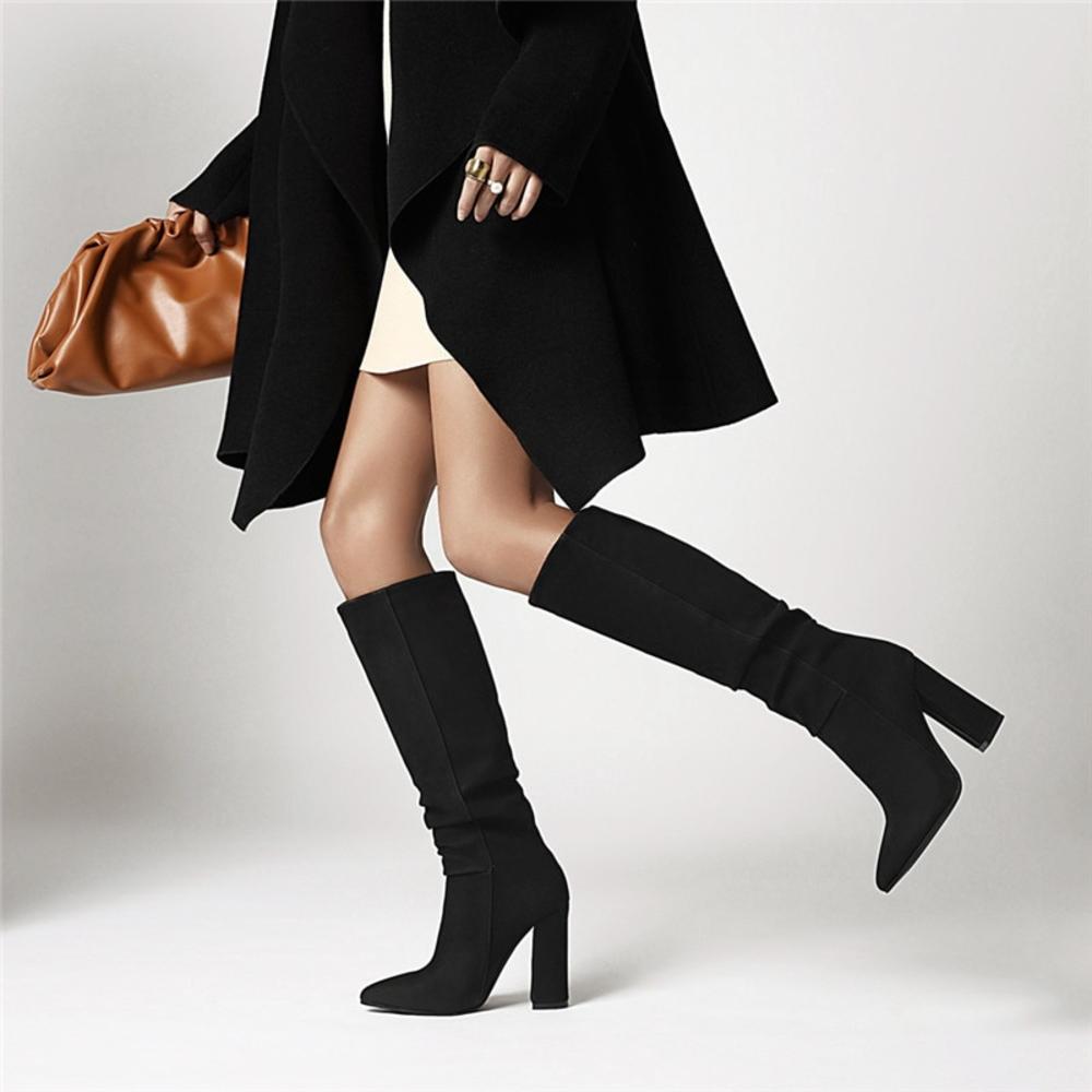 Women's Boots - Knee-High - Slouchy Design - Pointed Toe - Comfortable Block Heel