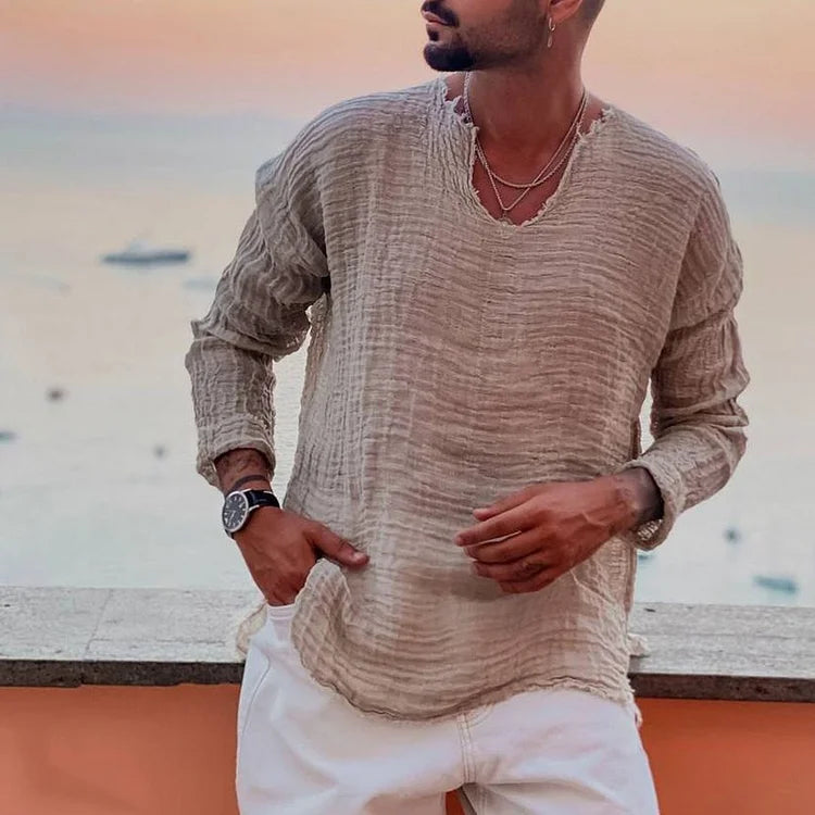 Men's Shirt with V-Neck – Long-Sleeved – Relaxed Fit – Airy Crinkled Texture