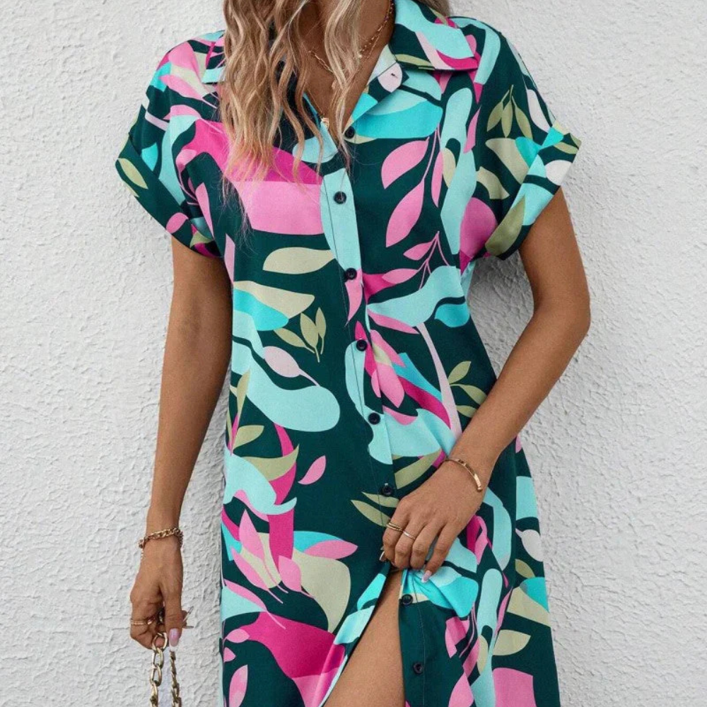 Women's Shirt Dress – Relaxed Fit – Button Closure – Light and Breathable – Midi Length