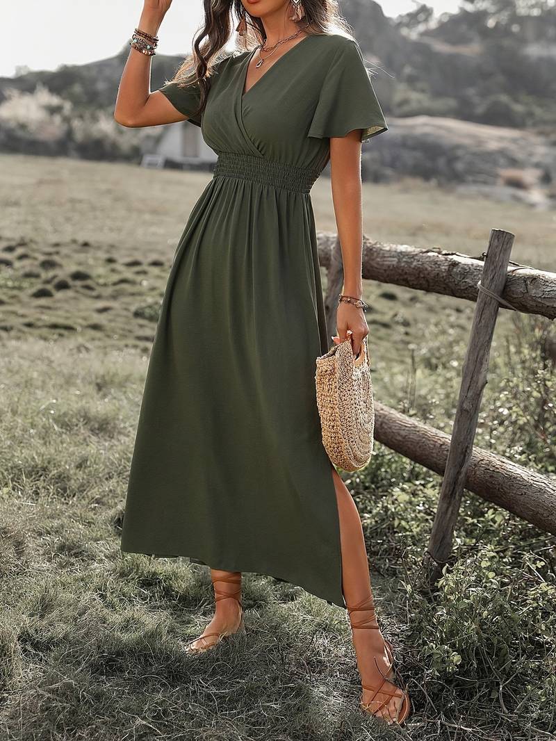 Women's Midi Dress – A-line – V-neck Wrap – Short Sleeves – Light and Breathable