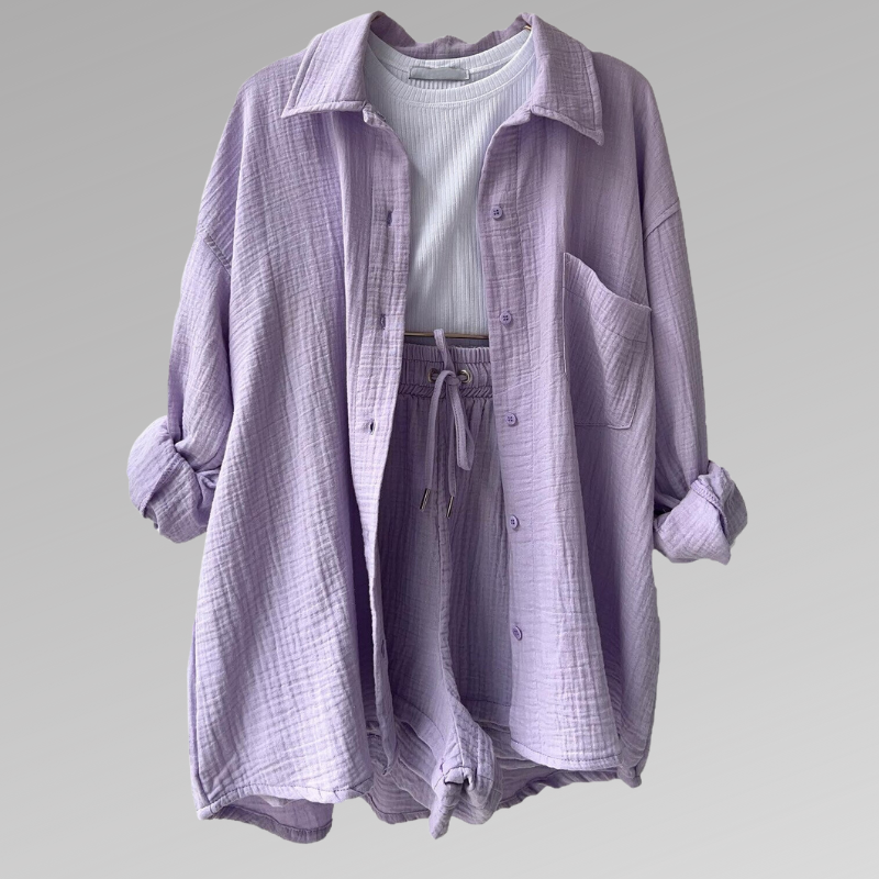 Women's Set - Soft Cotton - Button-Up Shirt & Elastic Shorts - Relaxed Fit