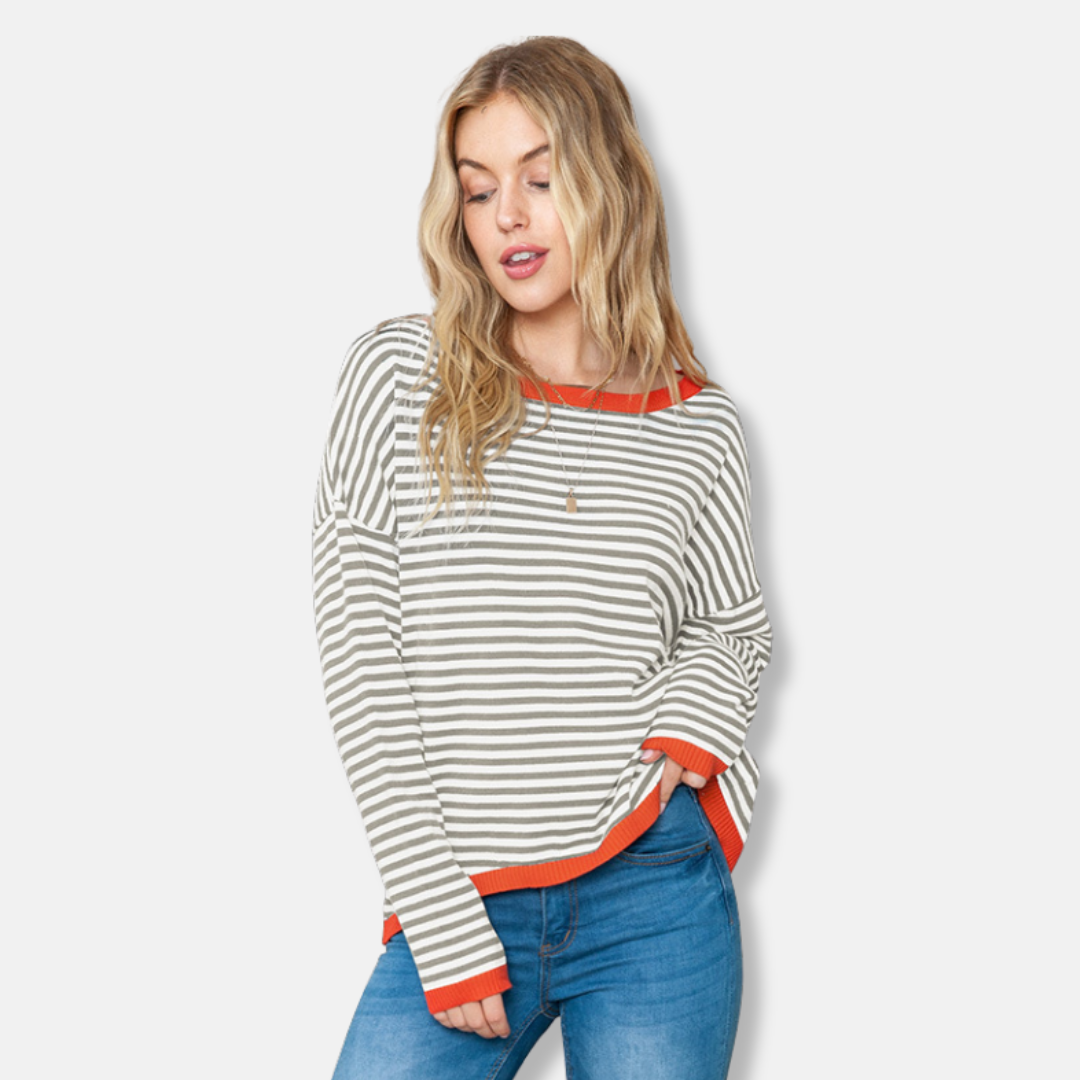 Sophia Cotton Relaxed Fit Sweater | Boat Neck Striped Sweater