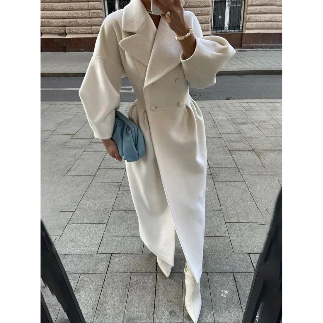 Women's Long Coat - Double Breasted - Tailored Fit - Elegant Puff Sleeves