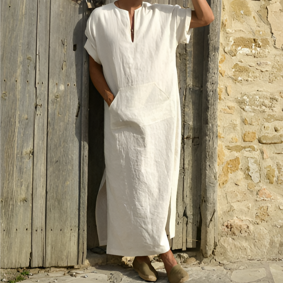 Men's Shirt Dress – Relaxed Fit – Lightweight and Breathable – V-Neck – Short Sleeves – Slit