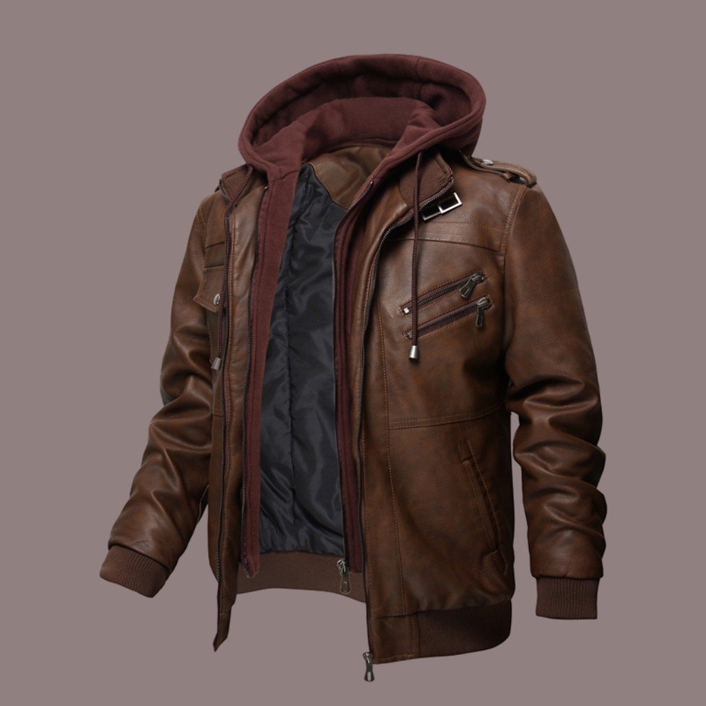 Men's Leather Jacket - With Hood - Ribbed Edges - Practical Multiple Pockets - Trendy Cut