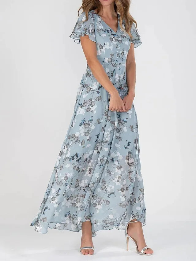 Dame Maxi Kjole - Blomstermønster - V-Hals - Korte Flutter Ærmer - Let og Luftig