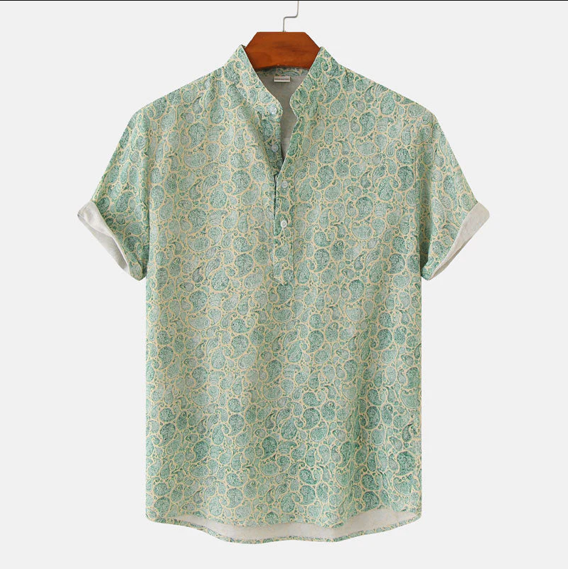 Men's Shirt with Short Sleeves – Relaxed Fit – Breathable Fabric – Mandarin Collar – Floral Pattern
