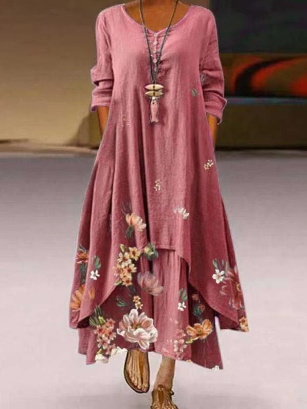 Women's Maxi Dress - Loose Fit - V-Neck with Buttons - Floral Lightweight Design