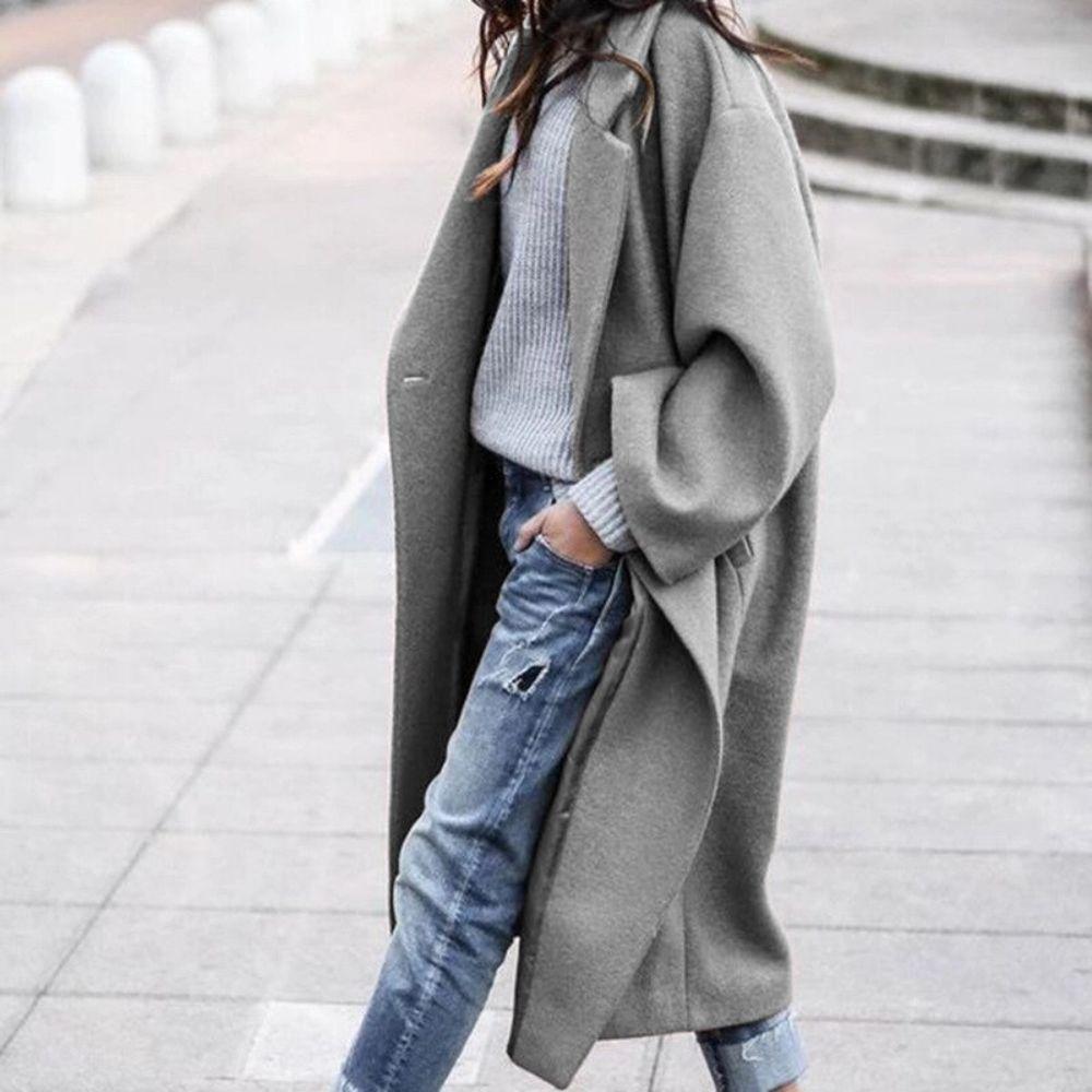 Women's Coat - Oversized Wool Blend - Long with Large Lapels - Open Front