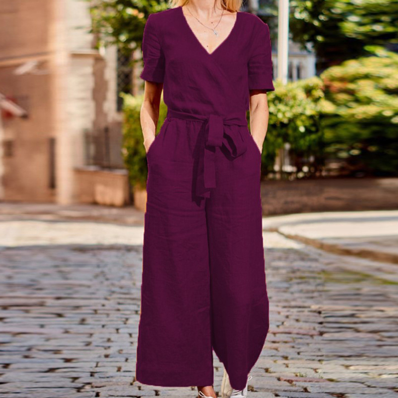Women's Jumpsuit - V-neck Wrap Design - Tie Belt - Short Sleeves - Cropped Wide Legs