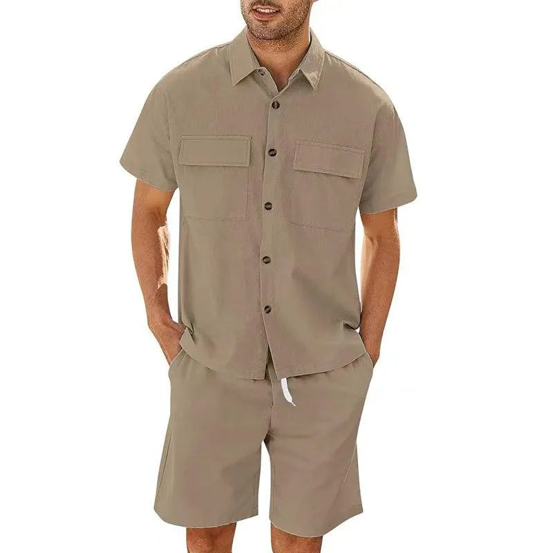 Men's Set with Shirt and Shorts – Relaxed Fit – Short Sleeves – Breathable Lightweight Fabric – Adjustable Drawstring