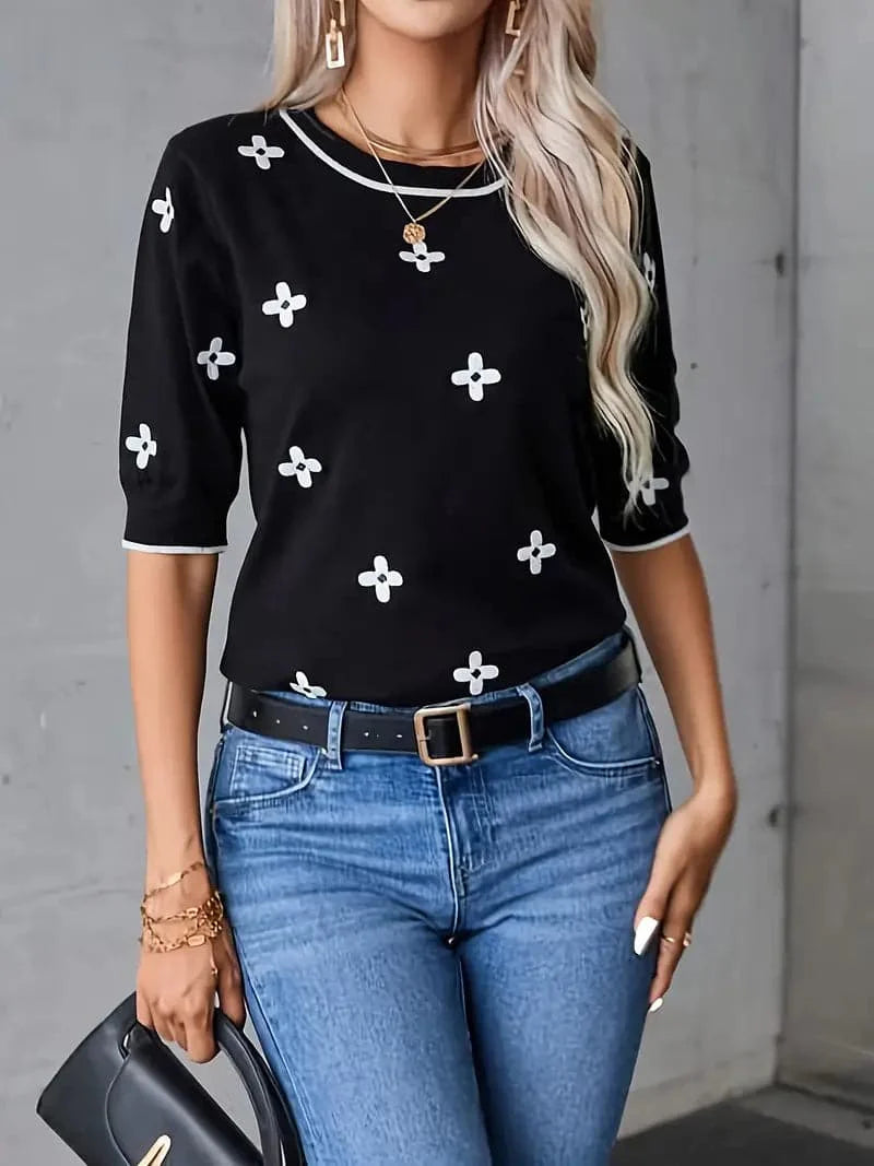 Women's Knit Sweater - Round Neck - Short Sleeves - Floral Details - Ribbed Hem