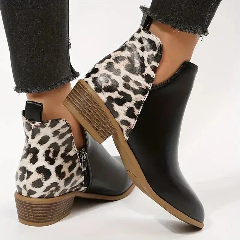 Women's Ankle Boots - Comfortable Block Heel - Animal Print Back Panel - Side Zipper