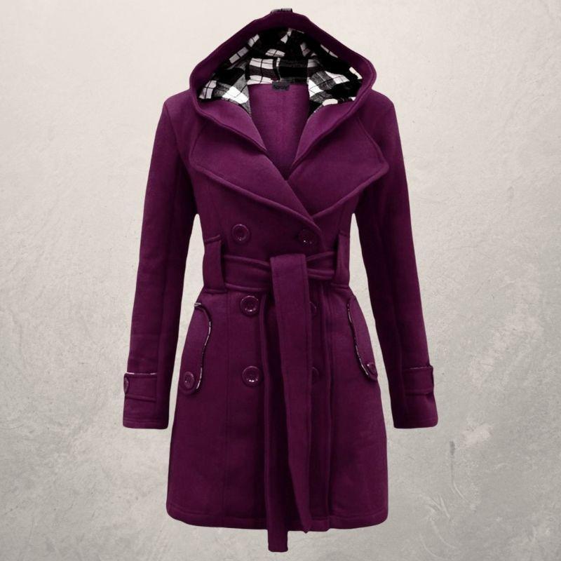 Dame Trenchcoat - Blød Fleece - Dobbelt Rad Knapper - Hætte & Bælte - Elegante Detaljer