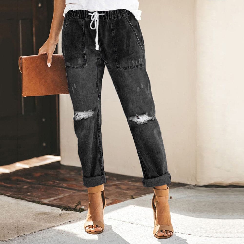 Women's Jogger Jeans - Elastic Waist with Drawstring - Relaxed Fit - Raw Details & Turn-Up