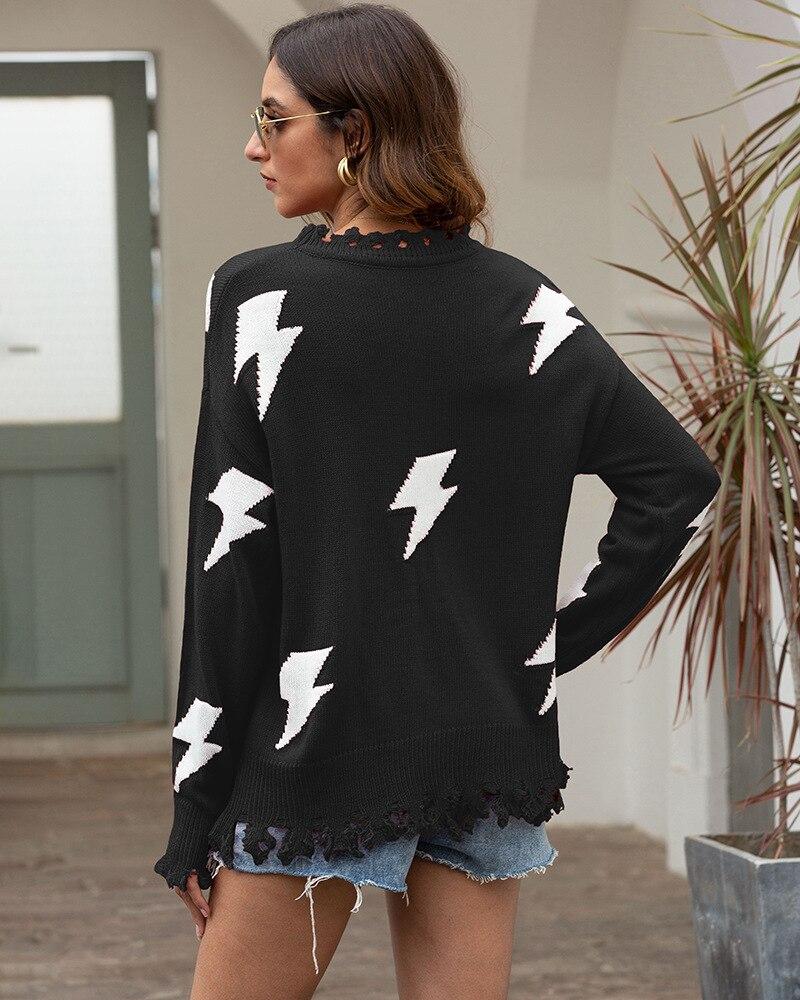 Women's Knit Sweater - Relaxed Fit - Lightning Pattern & Fringe Hem