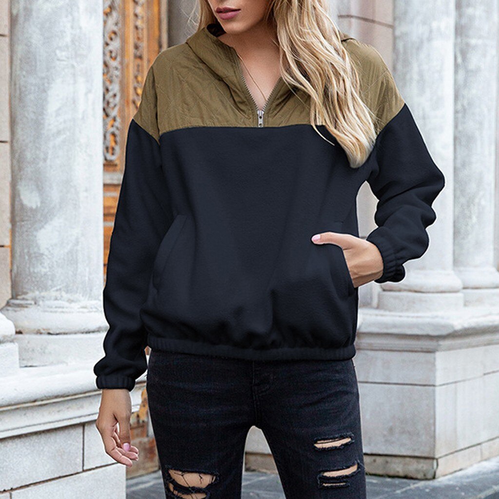 Women's Hoodie - Padded Top & Soft Fleece - Half Zipper - Relaxed Fit - With Pockets