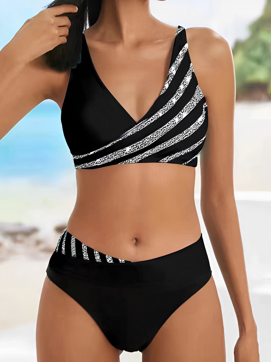 Women's Bikini Set – Asymmetric One-Shoulder – Stretchable and Breathable – Striped Design