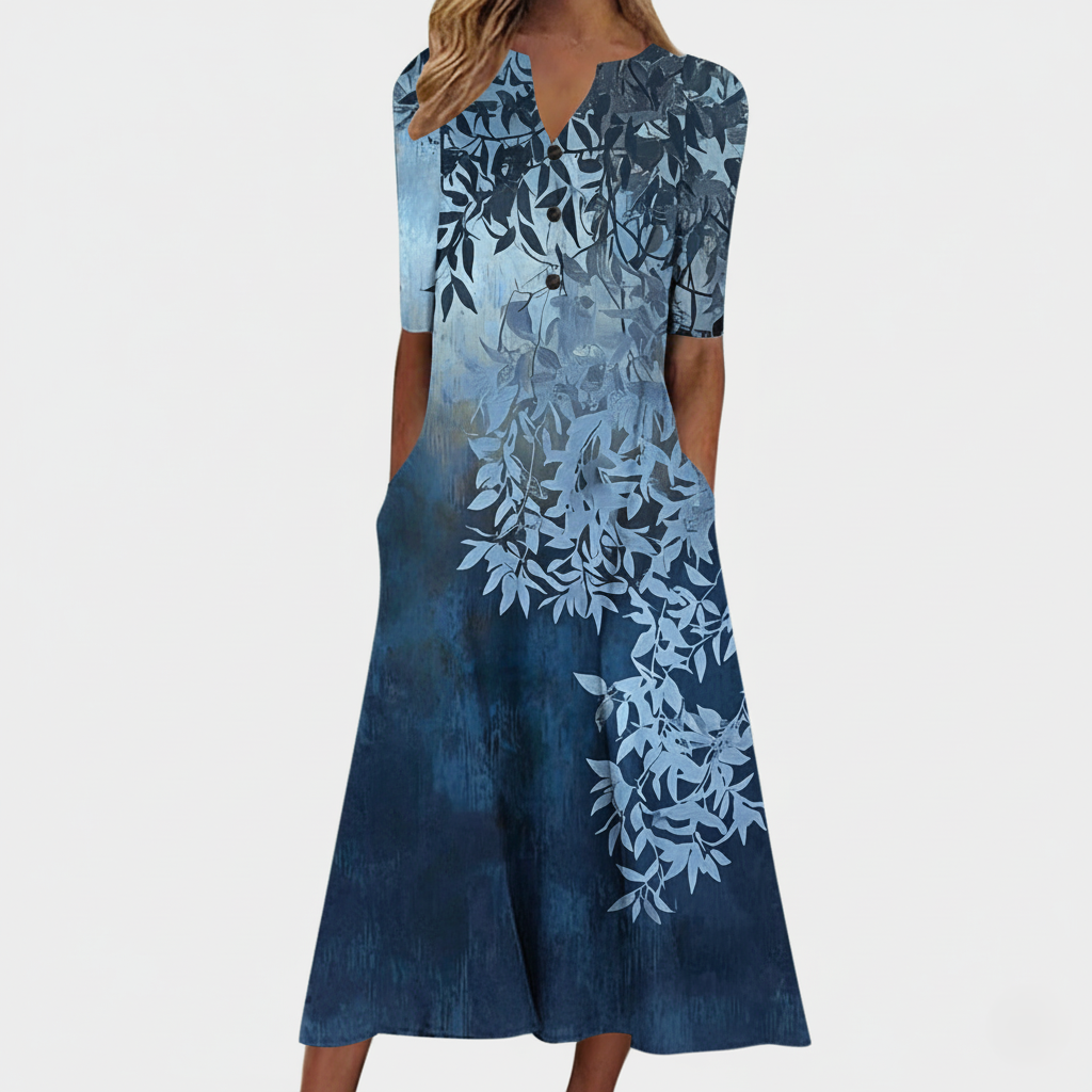 Women's Dress - Floral Print Midi - Half Sleeve - Button Front