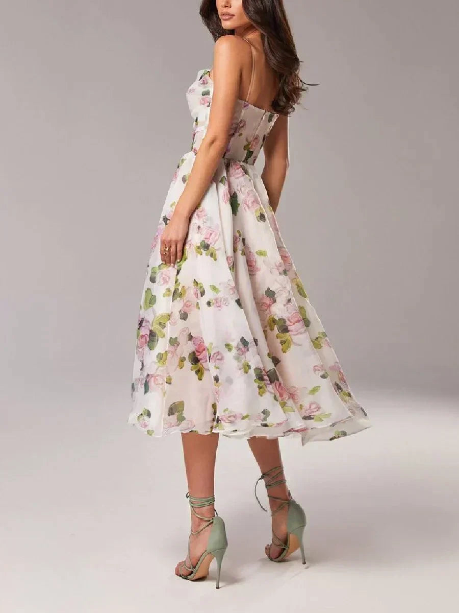 Women's Midi Dress – A-Line Fit – Light Chiffon – Spaghetti Straps – Floral Print