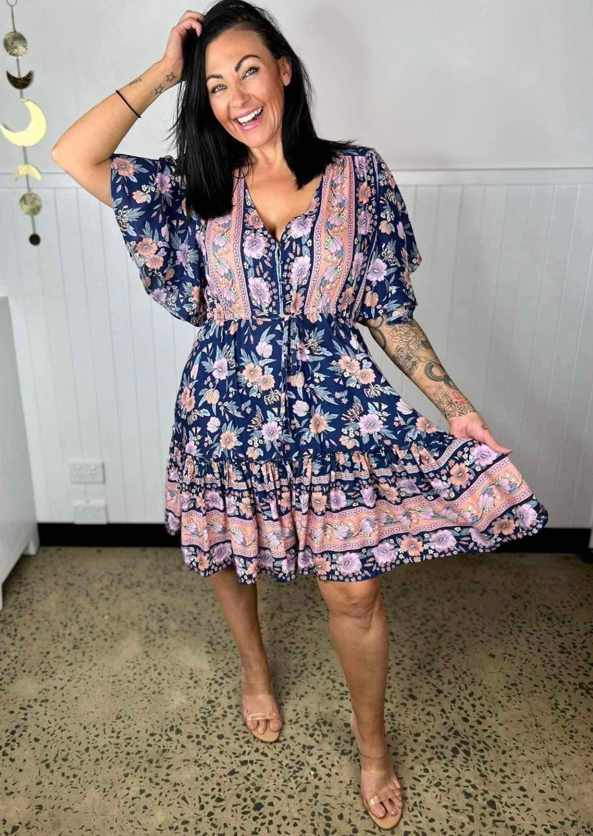 Women's Mini Dress - A-line Fit - V-neck with Decorative Details - Short Ruffle Sleeves