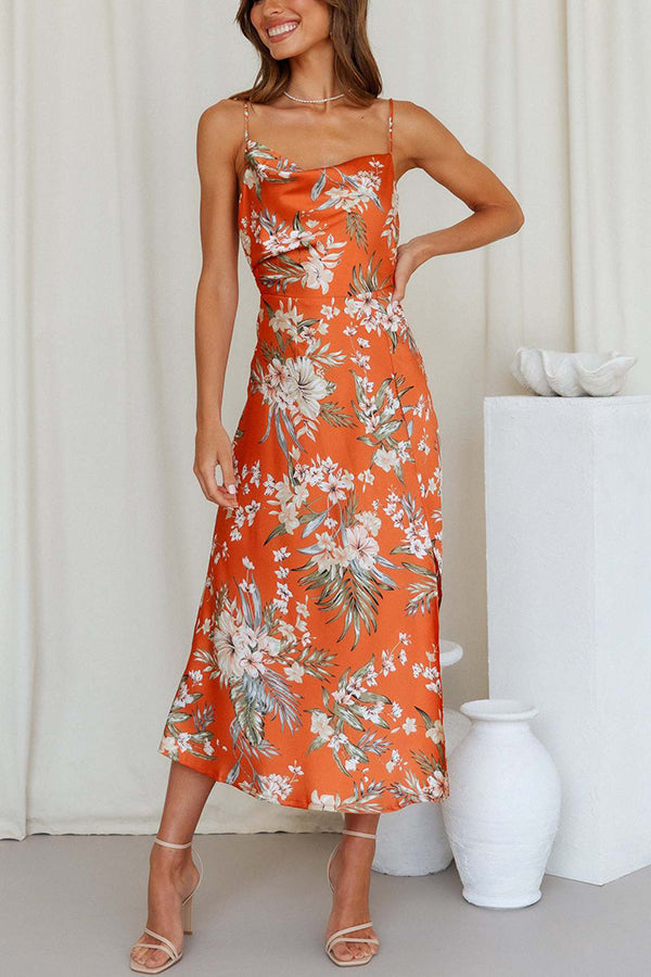 Yaiza - Midi Dress with Slit and Floral Satin Collar - Everything You Need