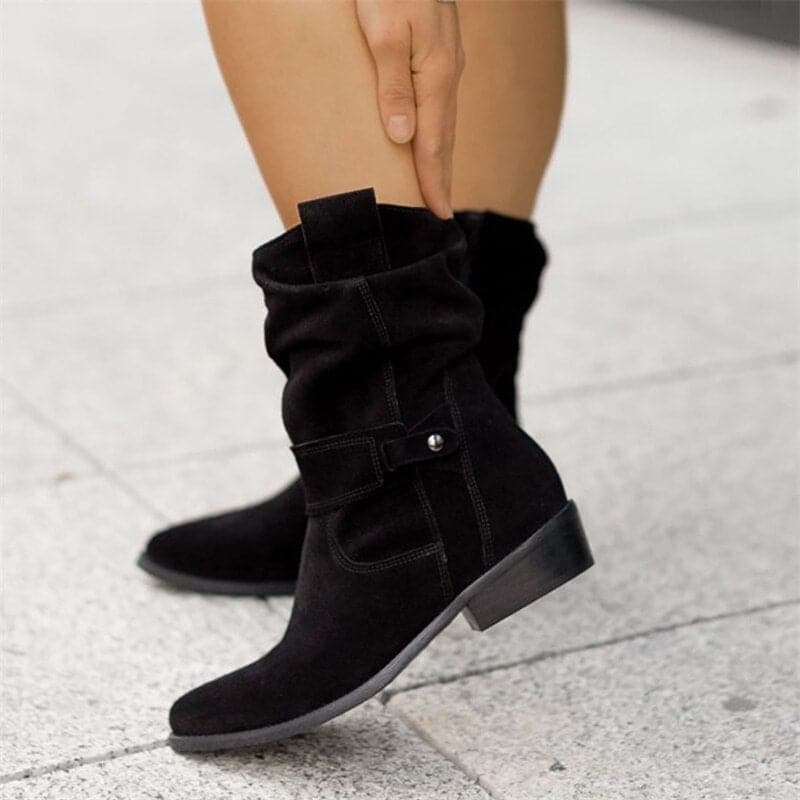 Women's Boots - Mid-Calf Slouchy Design - Genuine Suede - Flat Comfortable Sole