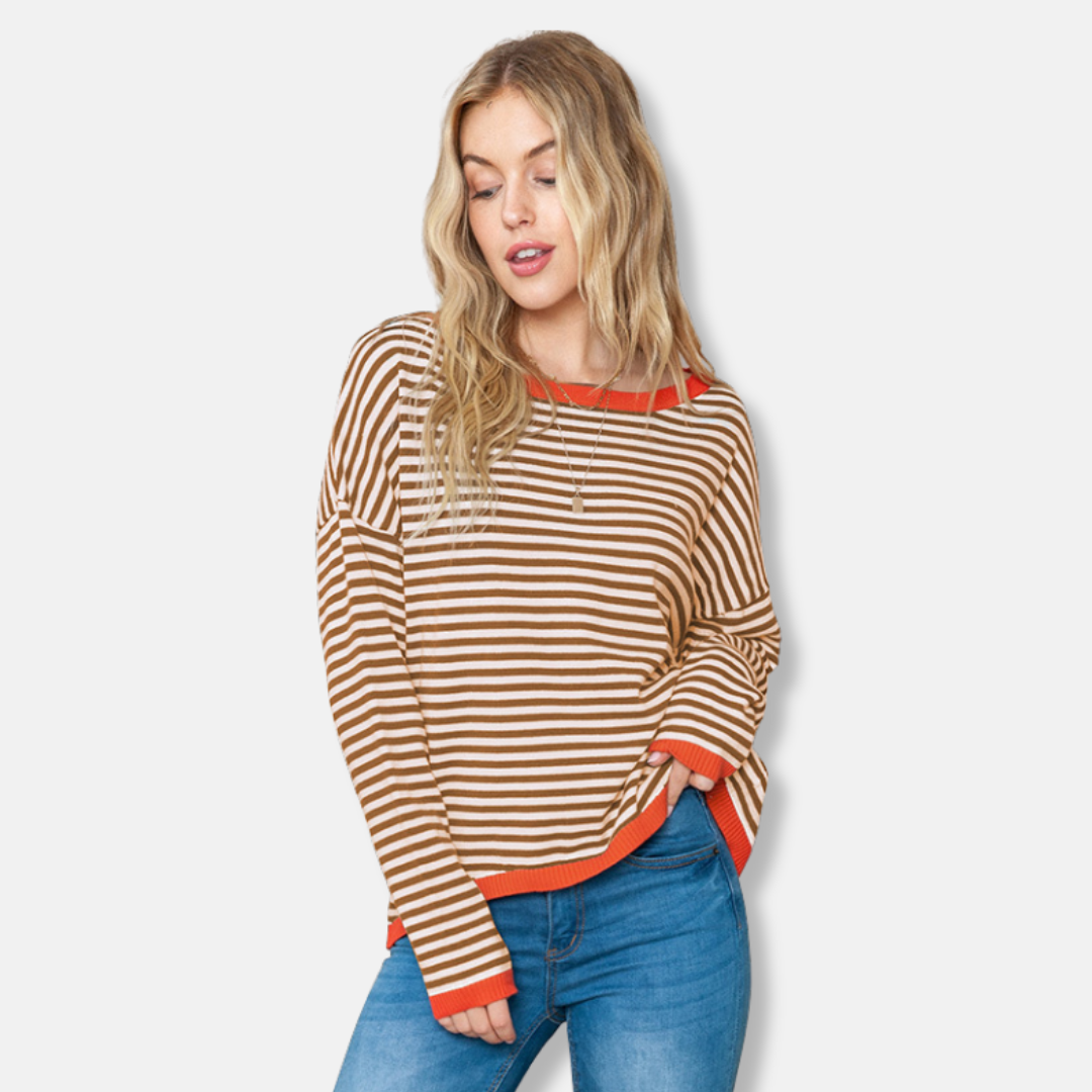 Sophia Cotton Relaxed Fit Sweater | Boat Neck Striped Sweater