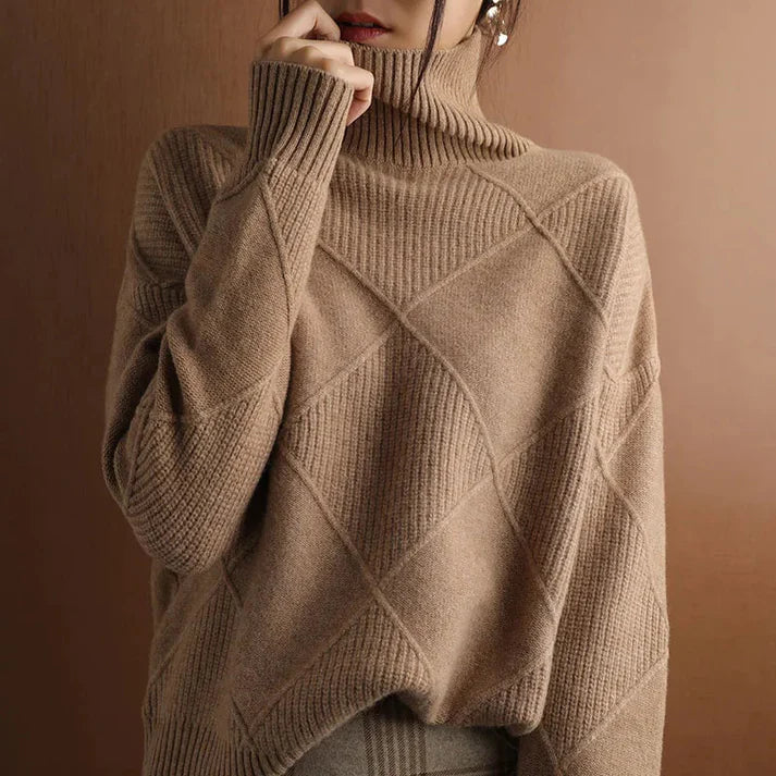 Women's Pullover Sweater – Oversize Fit – High Neck – Ribbed Knit Structure