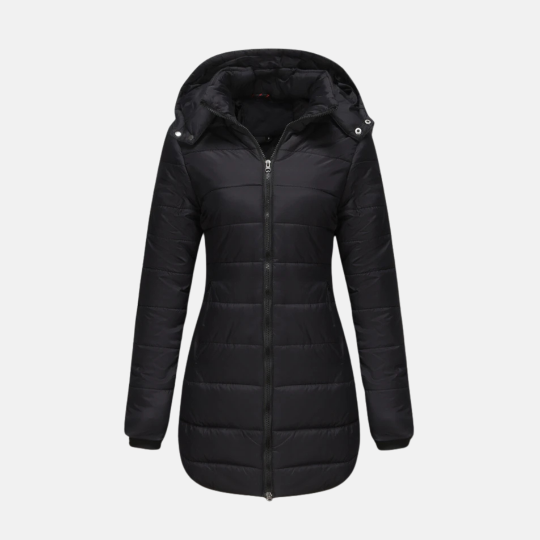 Women’s Longline Padded Coat - Insulated Quilted Design - Two-Way Zipper - Hooded