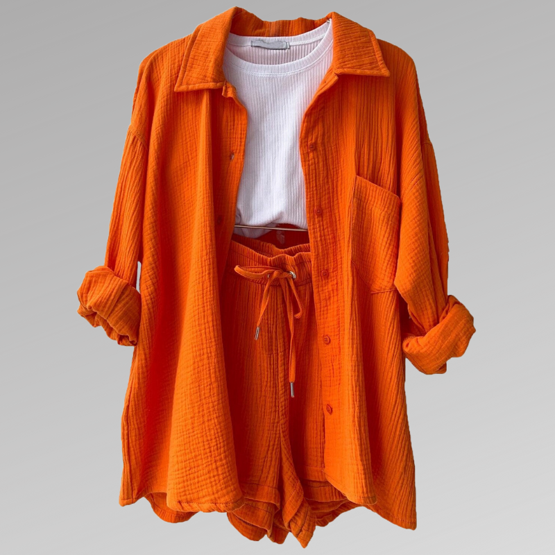 Women's Set - Soft Cotton - Button-Up Shirt & Elastic Shorts - Relaxed Fit
