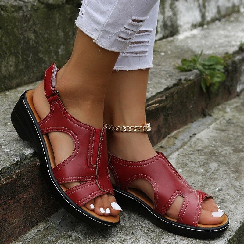Women's Sandals - Leather - Open Toe - Adjustable Straps - Comfortable Heel