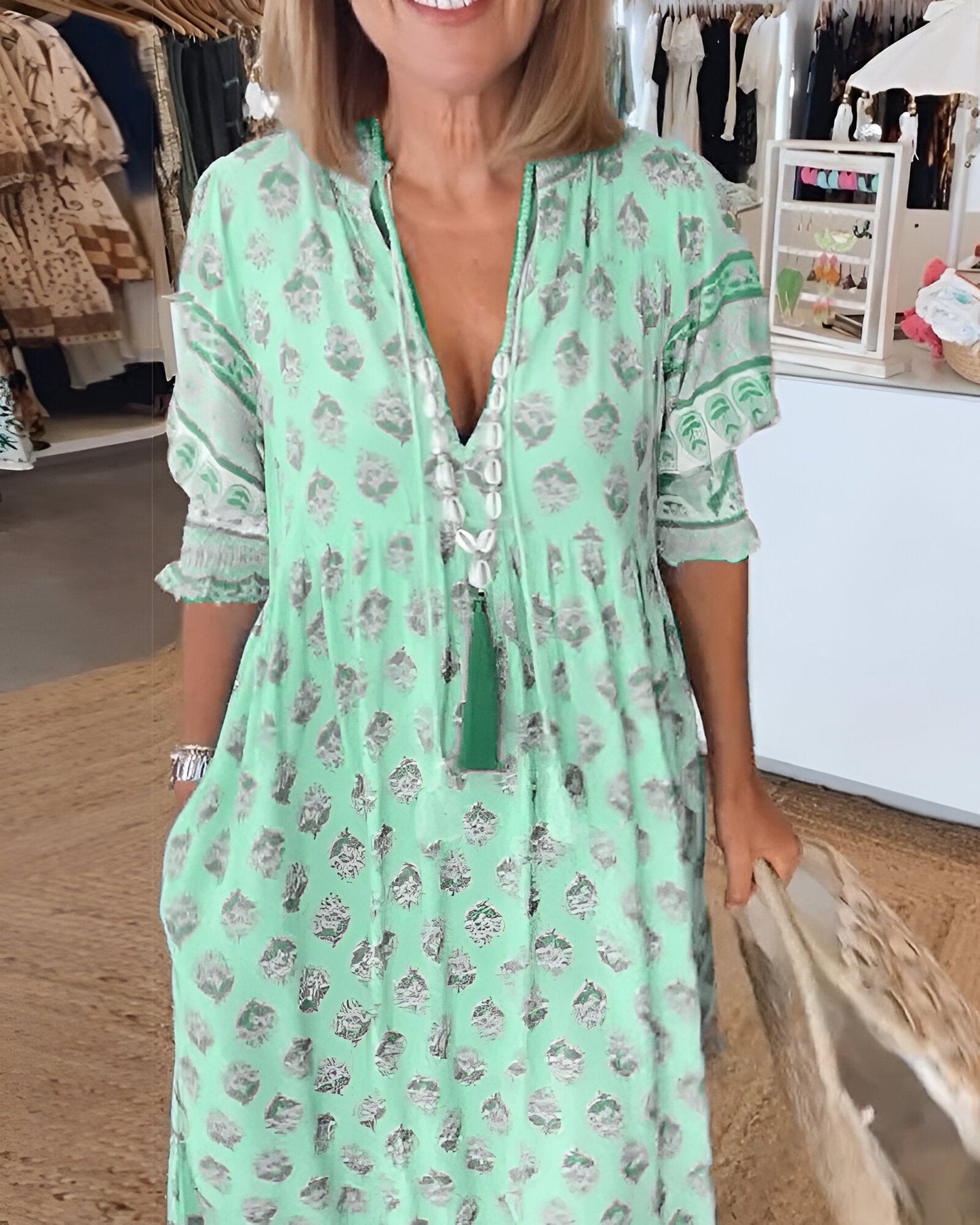 Maxi Dress for Women – V-Neck – Bohemian Floral – Airy Fit – Three-Quarter Sleeves