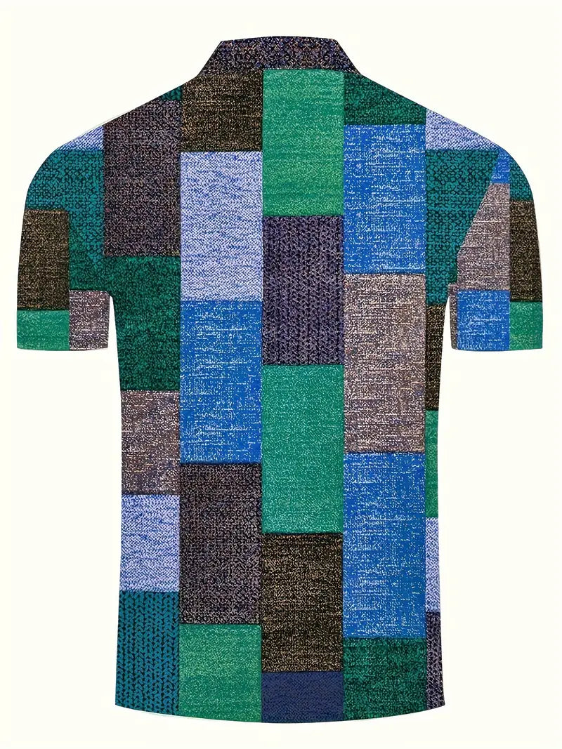 Men's Polo Shirt - Patchwork Design - Button Closure - Short-Sleeved - Breathable and Casual