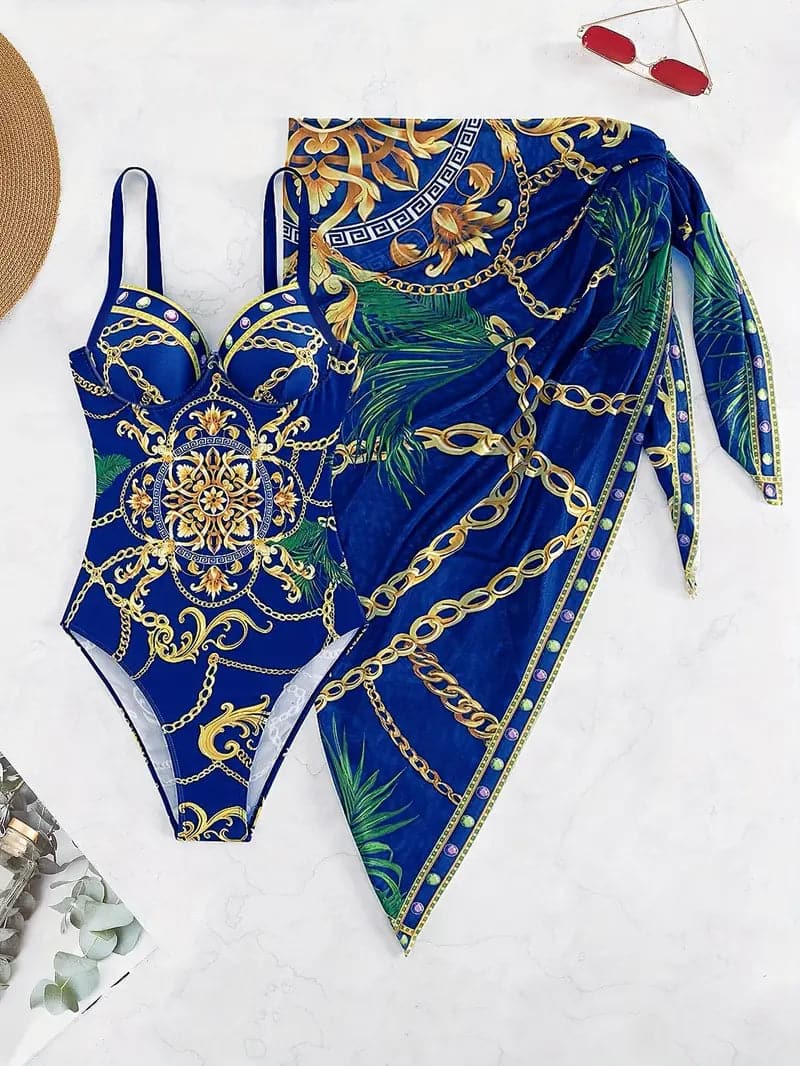 Women's Swimwear - Elegant Swimsuit with Chain Pattern & Matching Sarong - Adjustable Straps