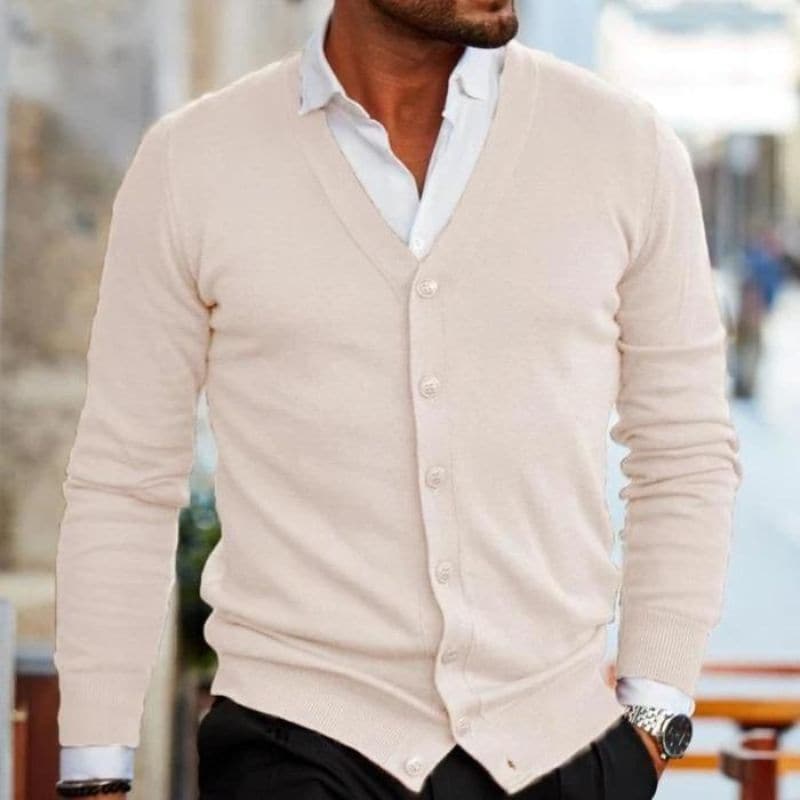 Herre Cardigan - V-hals - Knaplukning - Strikket med Ribkant - Stilren Regular Fit