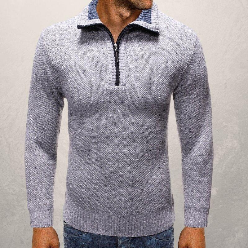 Men's Half-Zip Knit Sweater - Slim Fit - Ribbed Edges - Stand Collar with Zipper