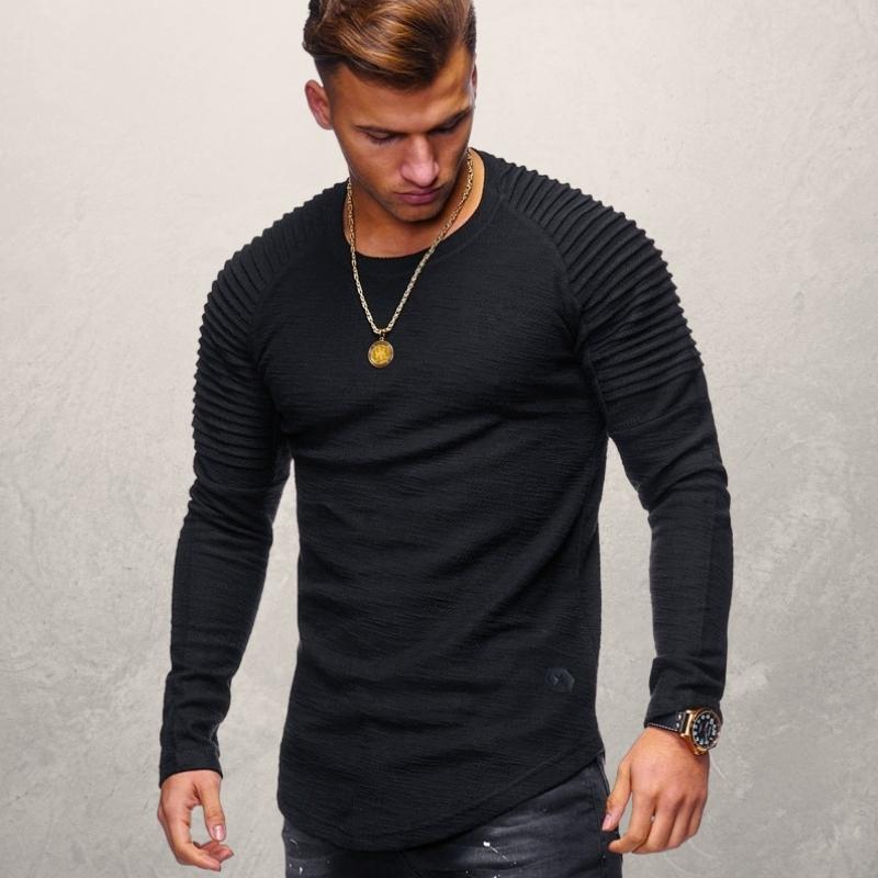 Men's Long-Sleeve T-Shirt - Ribbed Design - Slim Fit - Classic Round Neck