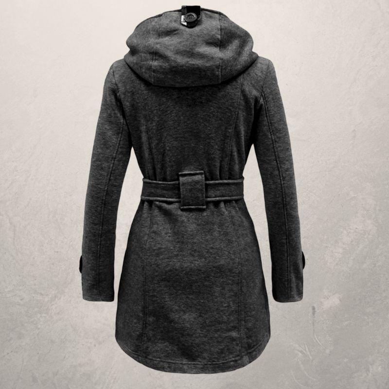 Dame Trenchcoat - Blød Fleece - Dobbelt Rad Knapper - Hætte & Bælte - Elegante Detaljer