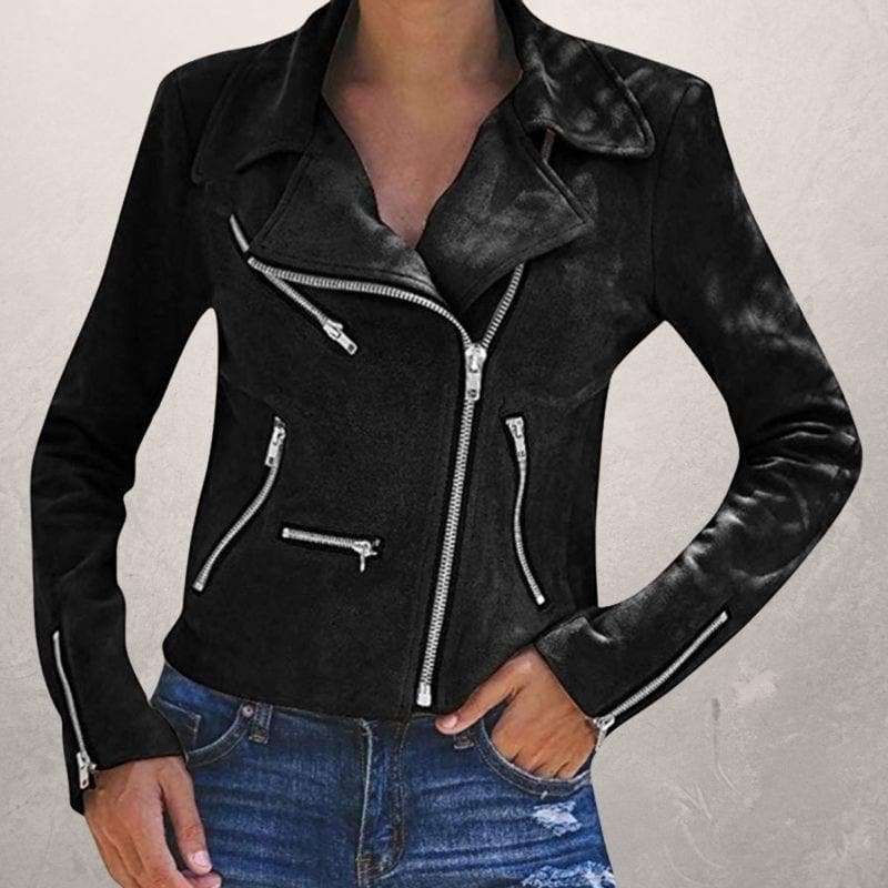 Women's Biker Jacket - Suede Look - Asymmetric Zipper - Short Slim Fit - Notch Collar