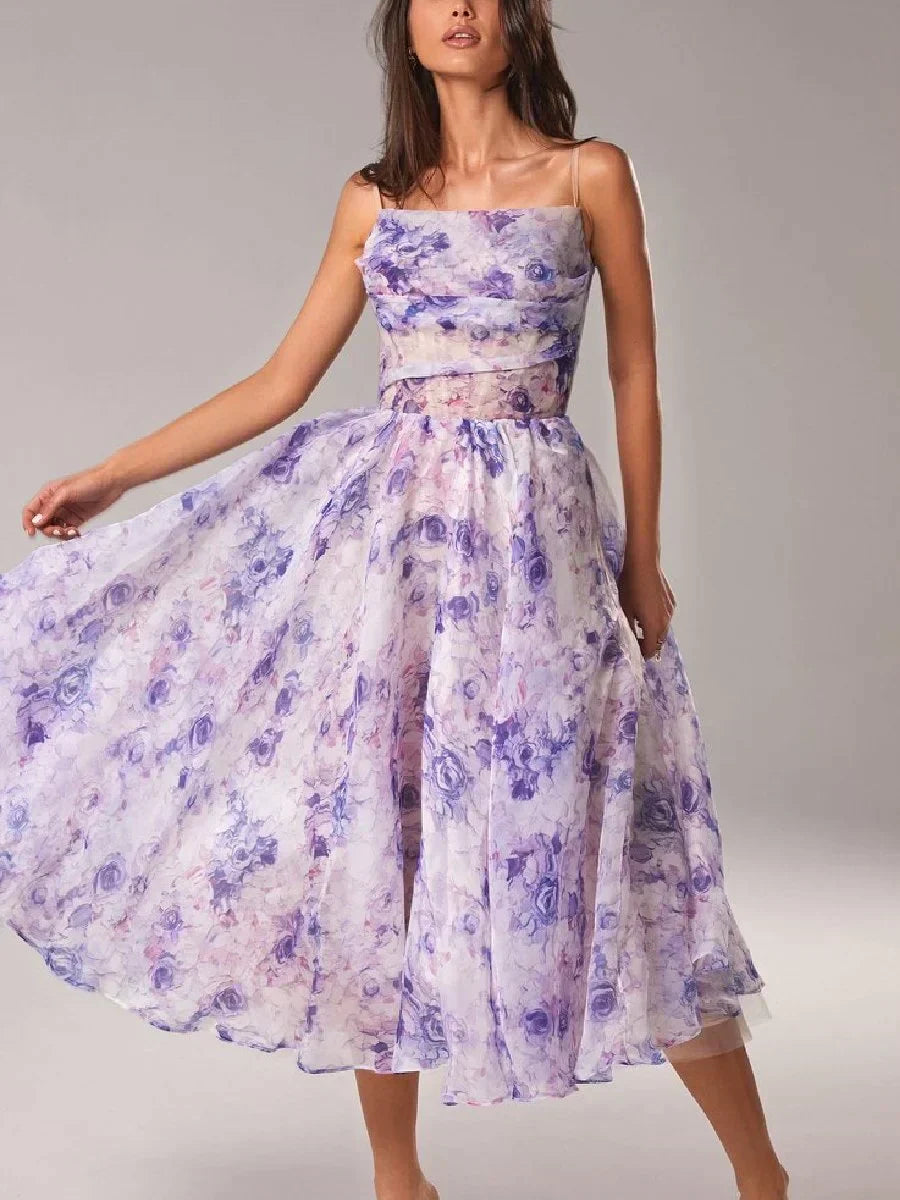 Women's Midi Dress – A-Line Fit – Light Chiffon – Spaghetti Straps – Floral Print