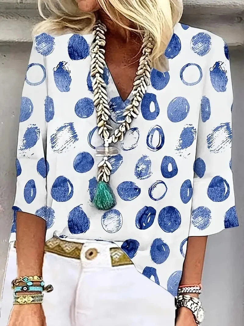 Dame Bluse - Løs Pasform - V-hals - 3/4 Ærmer - Mønstret Casual Design