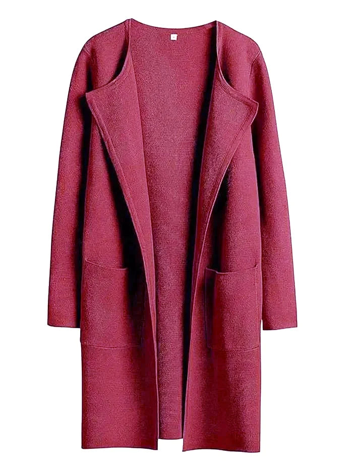 Women's Coat – Relaxed Fit – Knee Length – Wide Lapels – Minimalist Design