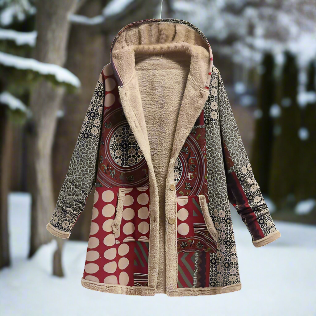 Women's Long Patchwork Coat - Lined with Fleece - Hood & Button Closure - Casual Look