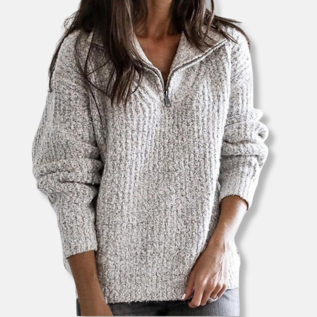 Isla Ribbed Half-Zip Collar Sweater | Solid Relaxed Fit Sweater