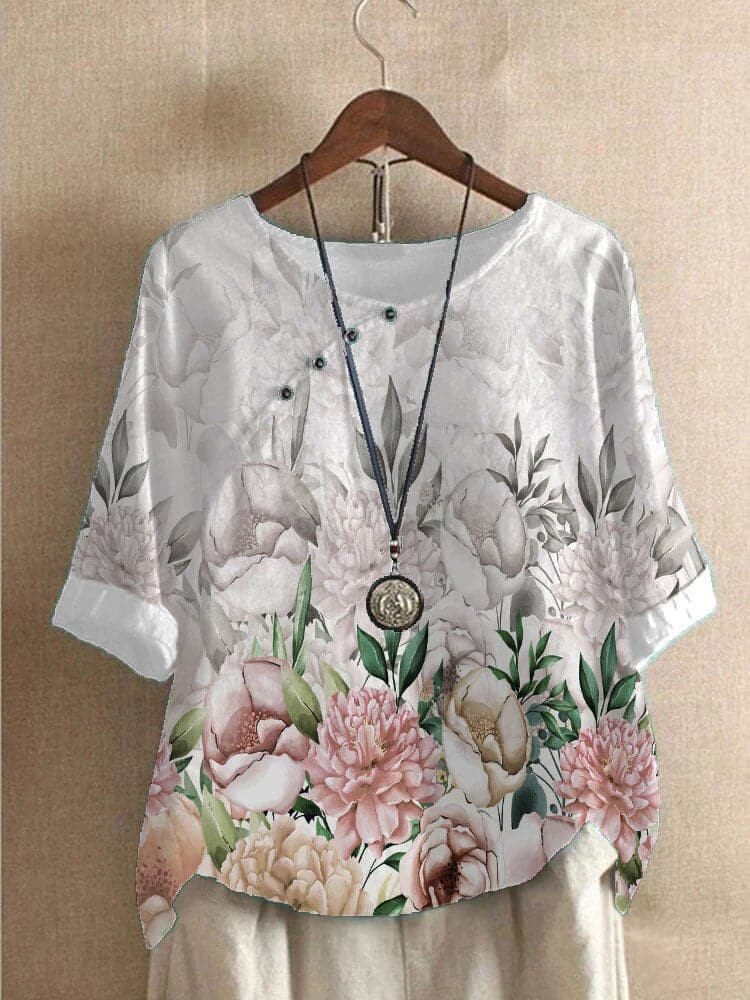 Dame Bluse - Blomsterprint - Afslappet Pasform - Rund Hals - Knapdetaljer