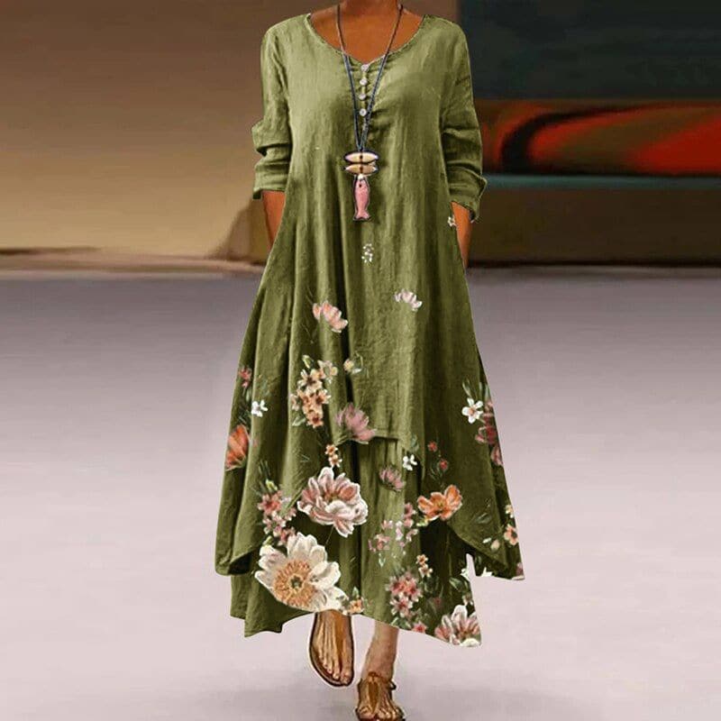 Women's Maxi Dress - Loose Fit - V-Neck with Buttons - Floral Lightweight Design